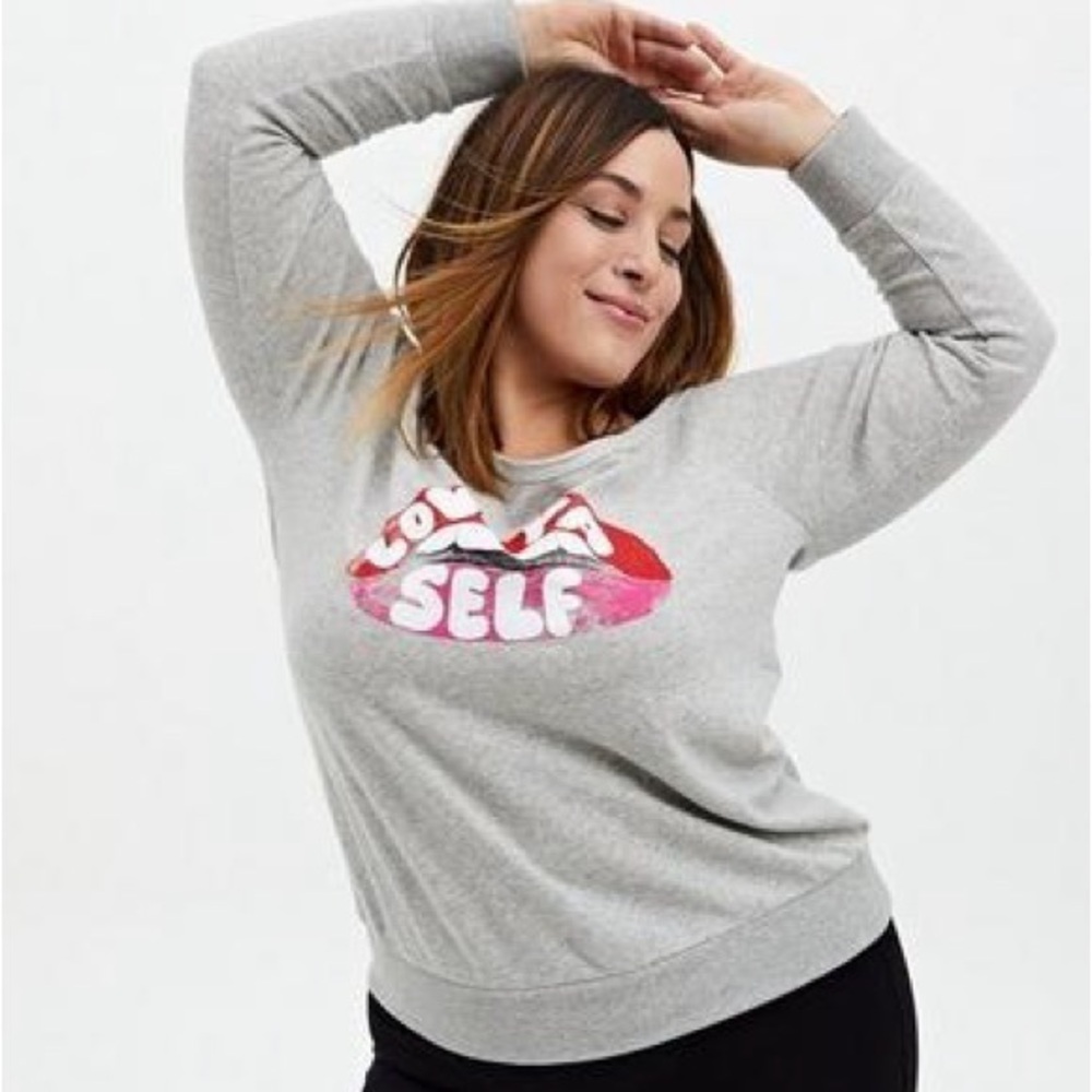 Women’s torrid 3 Love Ya Self Light Grey Terry Off Shoulder Sweatshirt 22 24 3XL